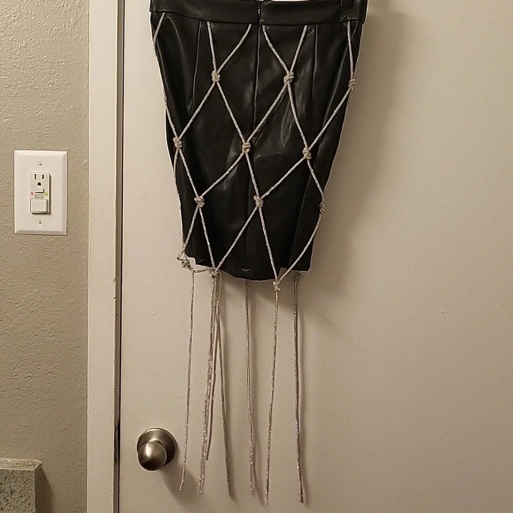 Akira Faux leather skirt long fishnet rimestone diamond on top size M - Picture 3 of 11
